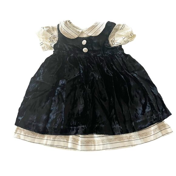 Donna Capozzi Kids 3T Dress Beige Woven Collared Baby Doll Dress Velvet Pinafore - Picture 1 of 14